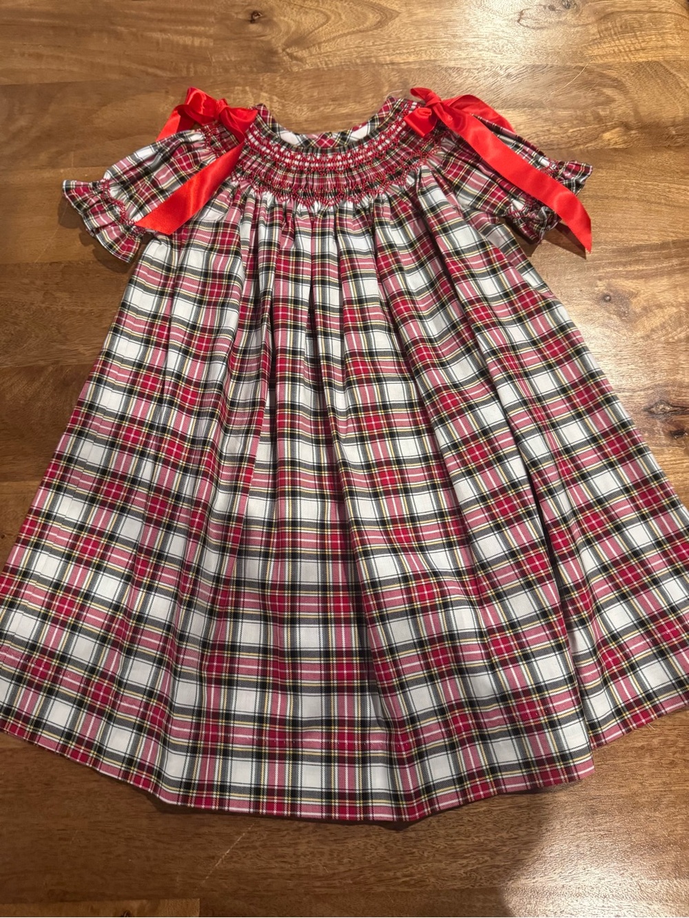 Red Plaid Holiday Dress with Satin Shoulder Bows